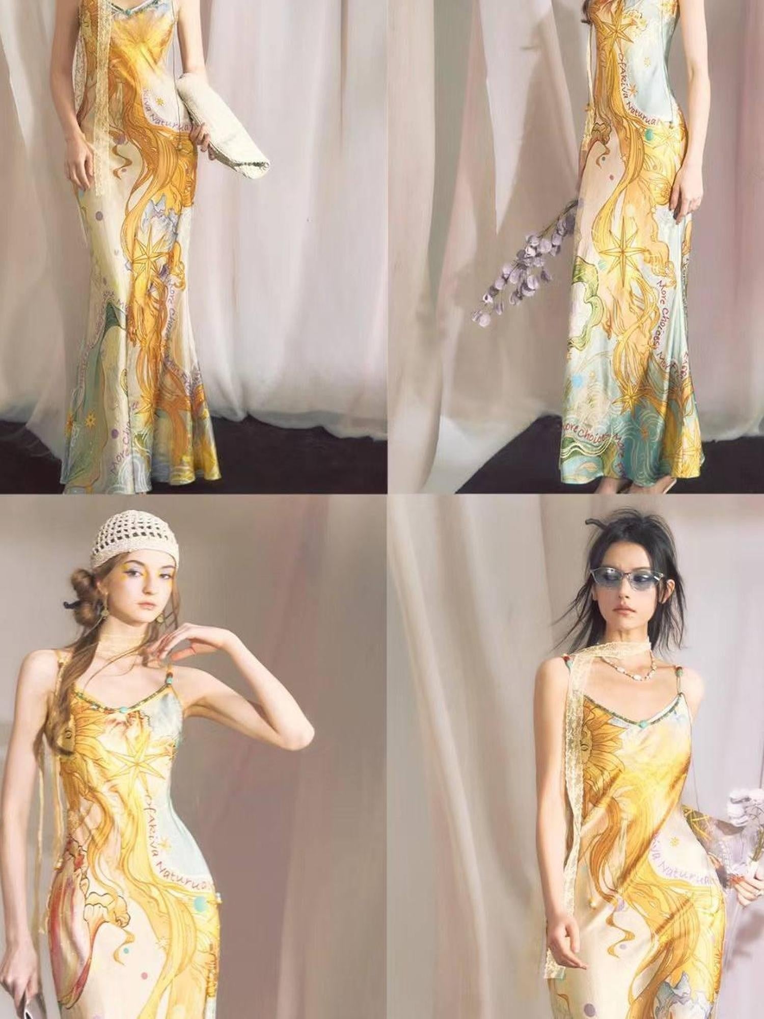 OfAkiva Peach Print Spaghetti Strap Fitted Women&