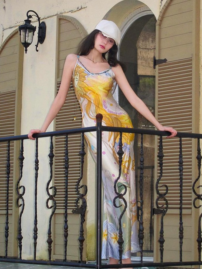 OfAkiva Peach Print Spaghetti Strap Fitted Women&