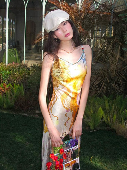 OfAkiva Peach Print Spaghetti Strap Fitted Women&
