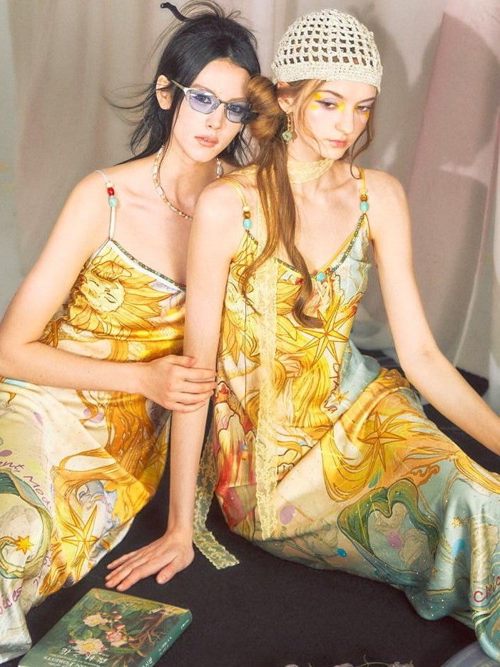 OfAkiva Peach Print Spaghetti Strap Fitted Women&