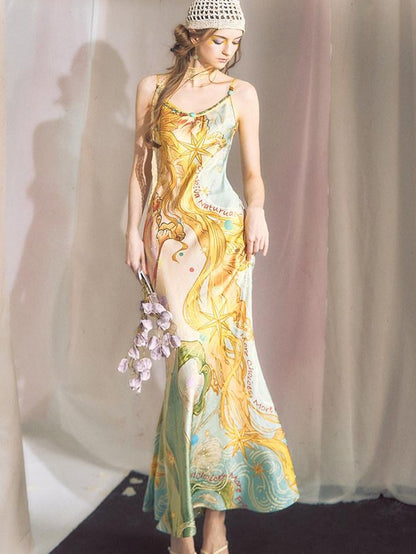 OfAkiva Peach Print Spaghetti Strap Fitted Women&