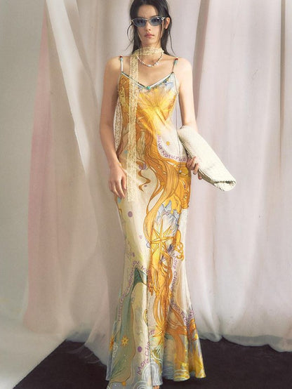 OfAkiva Peach Print Spaghetti Strap Fitted Women&