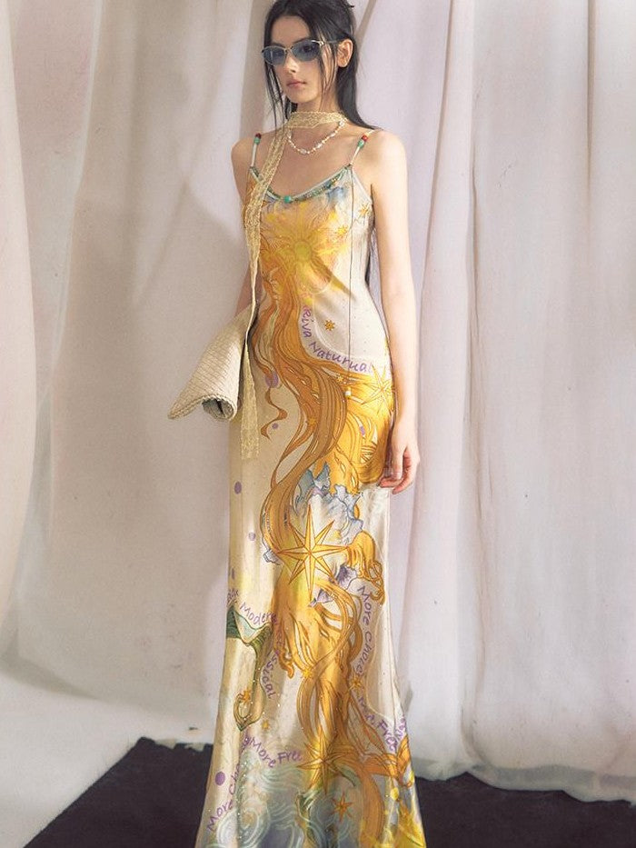 OfAkiva Peach Print Spaghetti Strap Fitted Women&