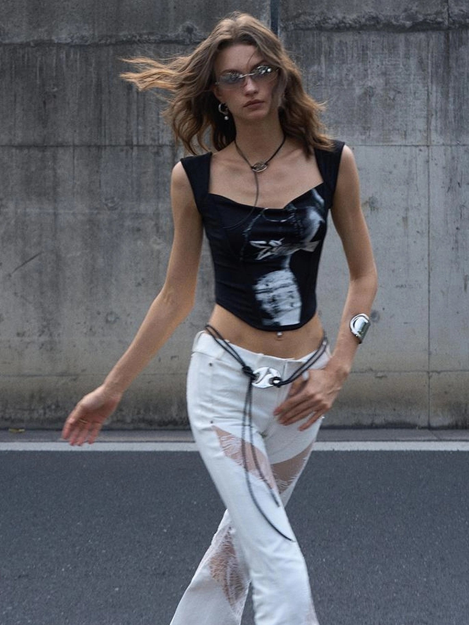 OfAkiva Phantom Butterfly White Silhouette Print Soft Camisole