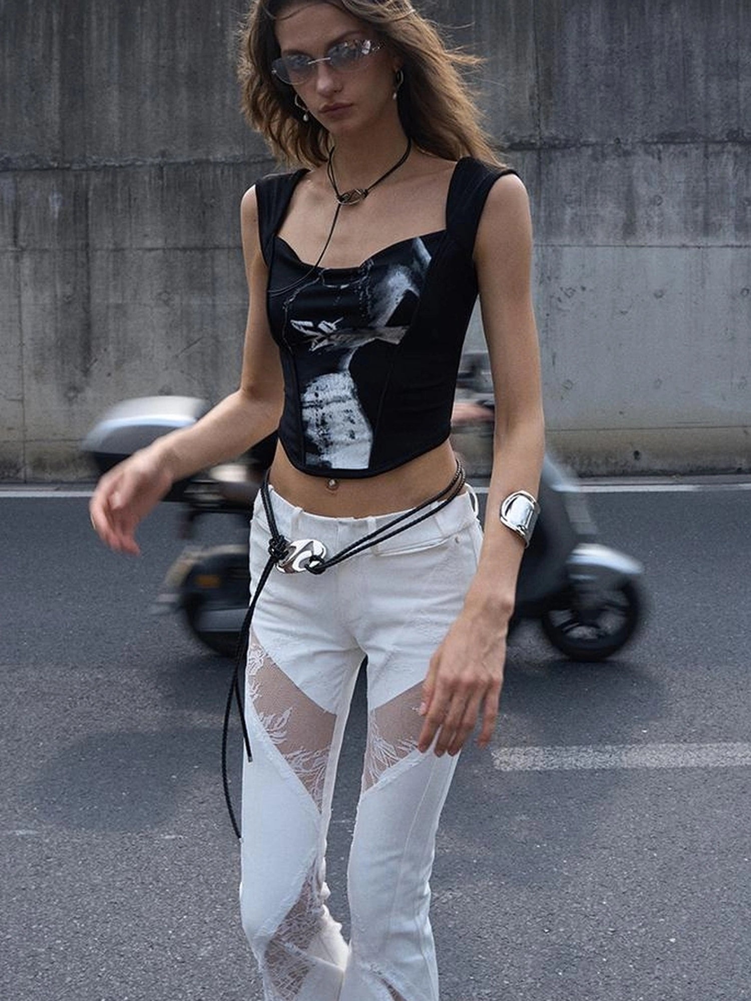 OfAkiva Phantom Butterfly White Silhouette Print Soft Camisole