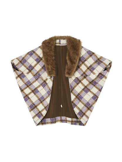 OfAkiva_Plaid_Faux_Fur_Trim_V-neck_Long_Sleeve_Women&