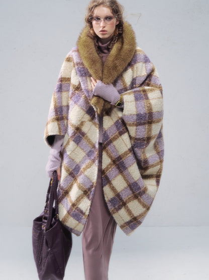 OfAkiva Plaid Faux Fur Trim V-neck Long Sleeve Women&
