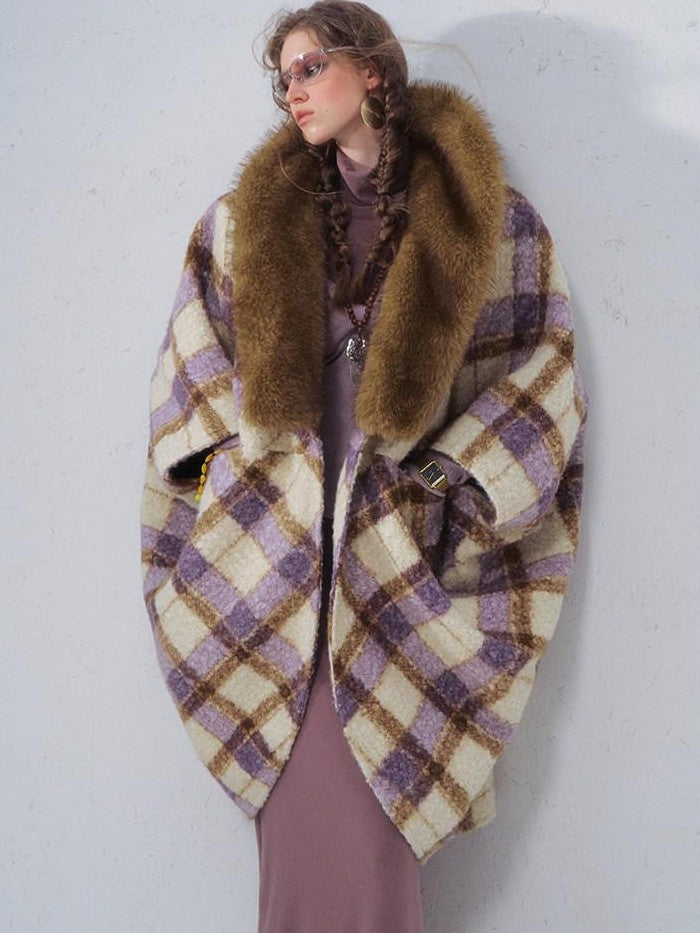 OfAkiva Plaid Faux Fur Trim V-neck Long Sleeve Women&
