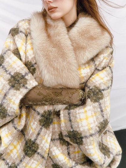 OfAkiva Plaid Faux Fur Trim V-neck Long Sleeve Women&