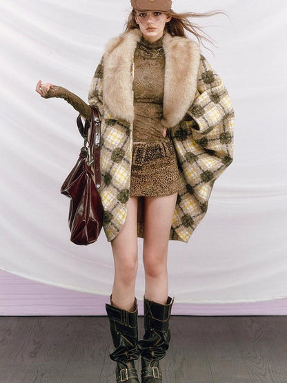 OfAkiva Plaid Faux Fur Trim V-neck Long Sleeve Women&
