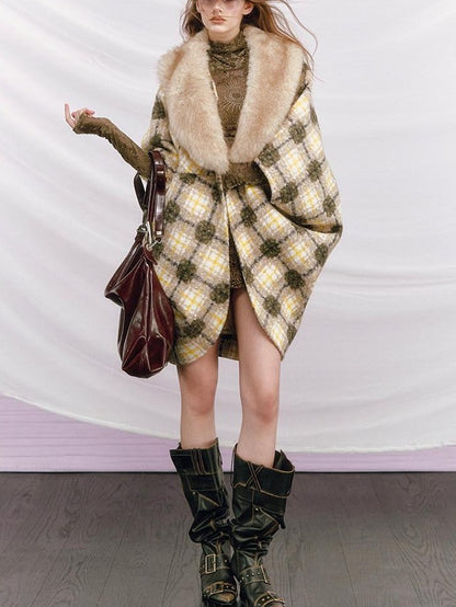 OfAkiva Plaid Faux Fur Trim V-neck Long Sleeve Women&