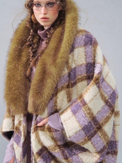 OfAkiva Plaid Faux Fur Trim V-neck Long Sleeve Women&