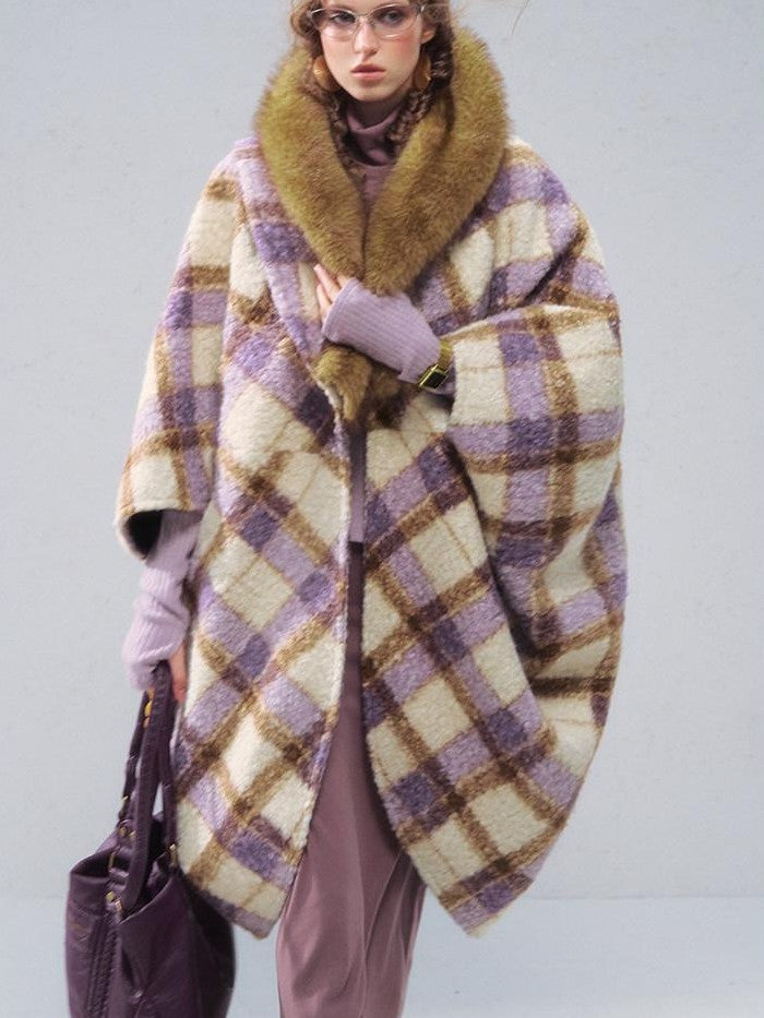 OfAkiva Plaid Faux Fur Trim V-neck Long Sleeve Women&