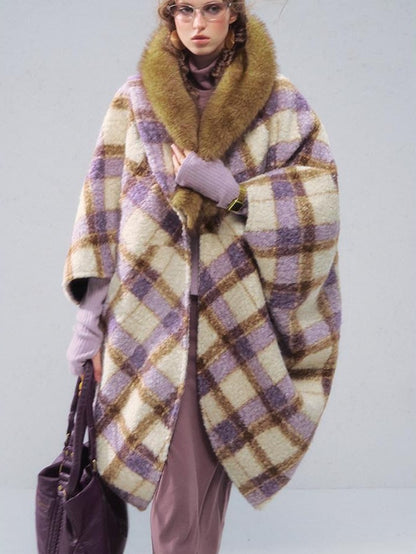 OfAkiva Plaid Faux Fur Trim V-neck Long Sleeve Women&