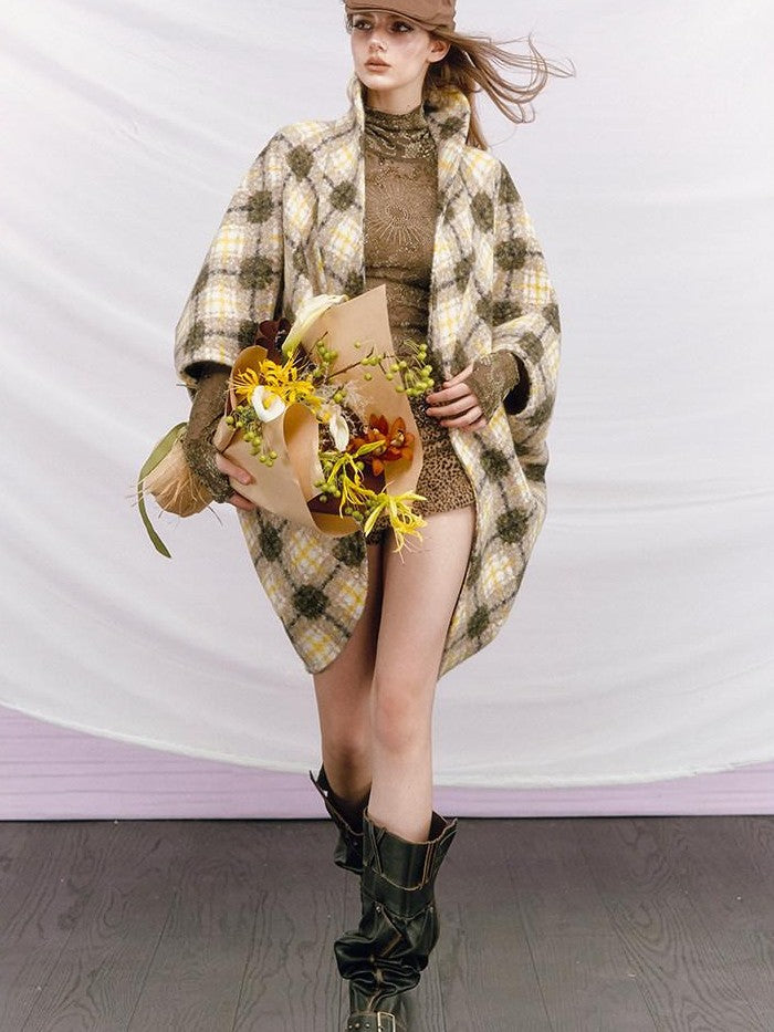 OfAkiva Plaid Faux Fur Trim V-neck Long Sleeve Women&