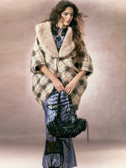 OfAkiva Plaid Faux Fur Trim V-neck Long Sleeve Women&