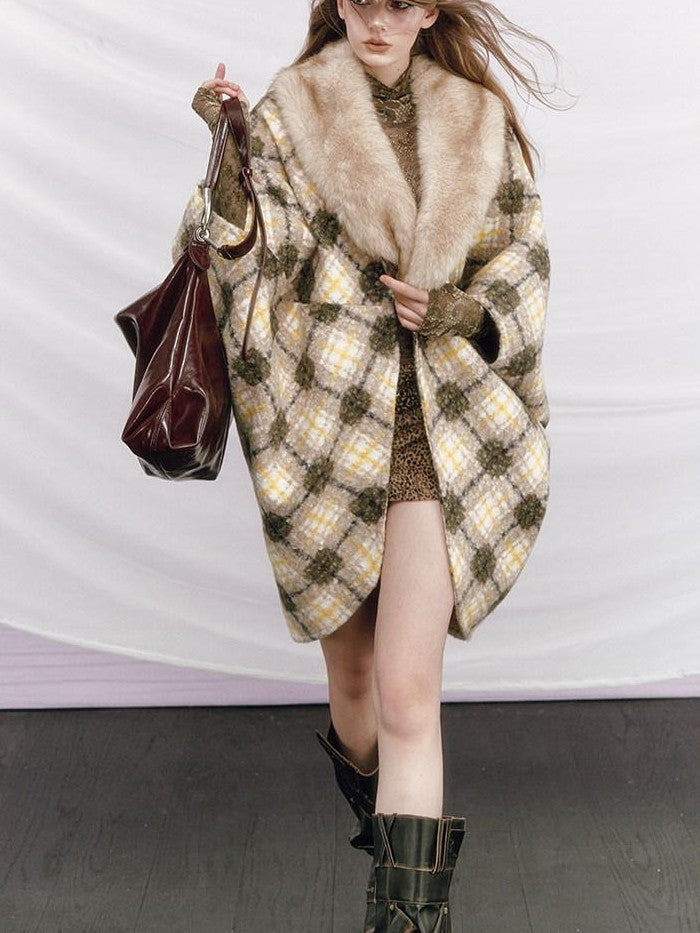 OfAkiva Plaid Faux Fur Trim V-neck Long Sleeve Women&