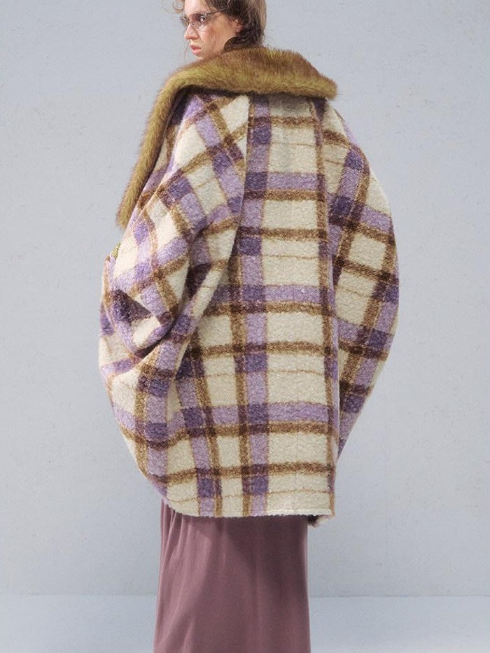OfAkiva Plaid Faux Fur Trim V-neck Long Sleeve Women&