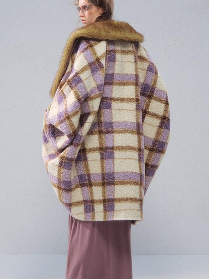 OfAkiva Plaid Faux Fur Trim V-neck Long Sleeve Women&