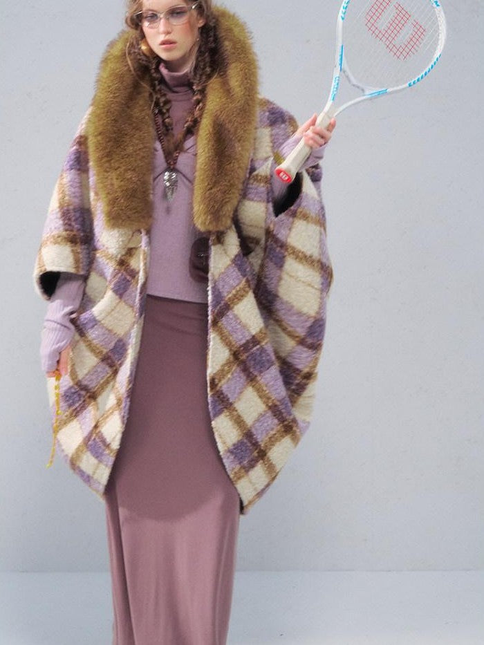 OfAkiva Plaid Faux Fur Trim V-neck Long Sleeve Women&
