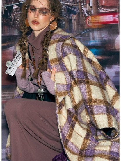 OfAkiva Plaid Faux Fur Trim V-neck Long Sleeve Women&