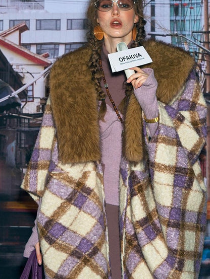 OfAkiva Plaid Faux Fur Trim V-neck Long Sleeve Women&