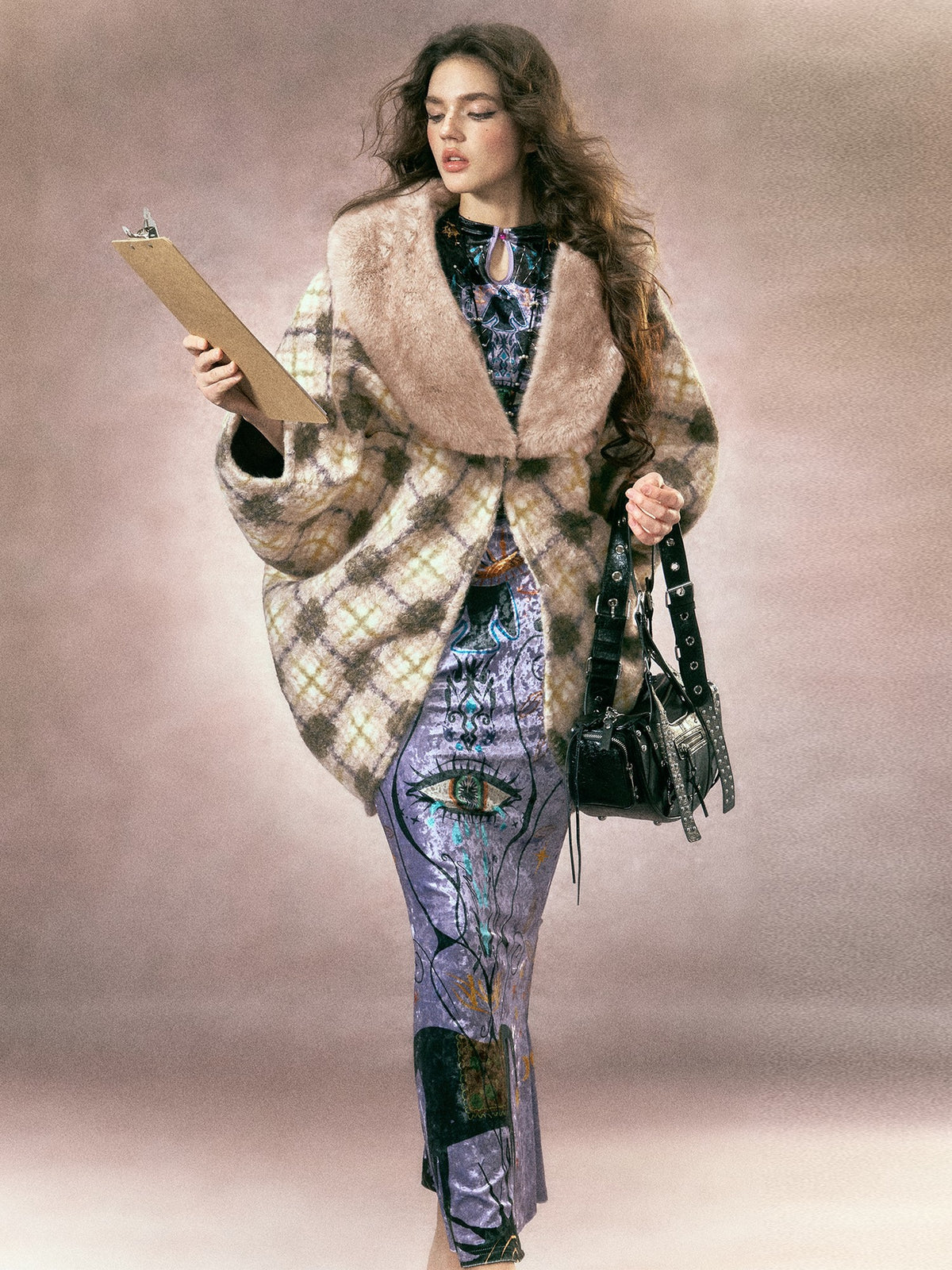 OfAkiva Plaid Faux Fur Trim V-neck Long Sleeve Women&