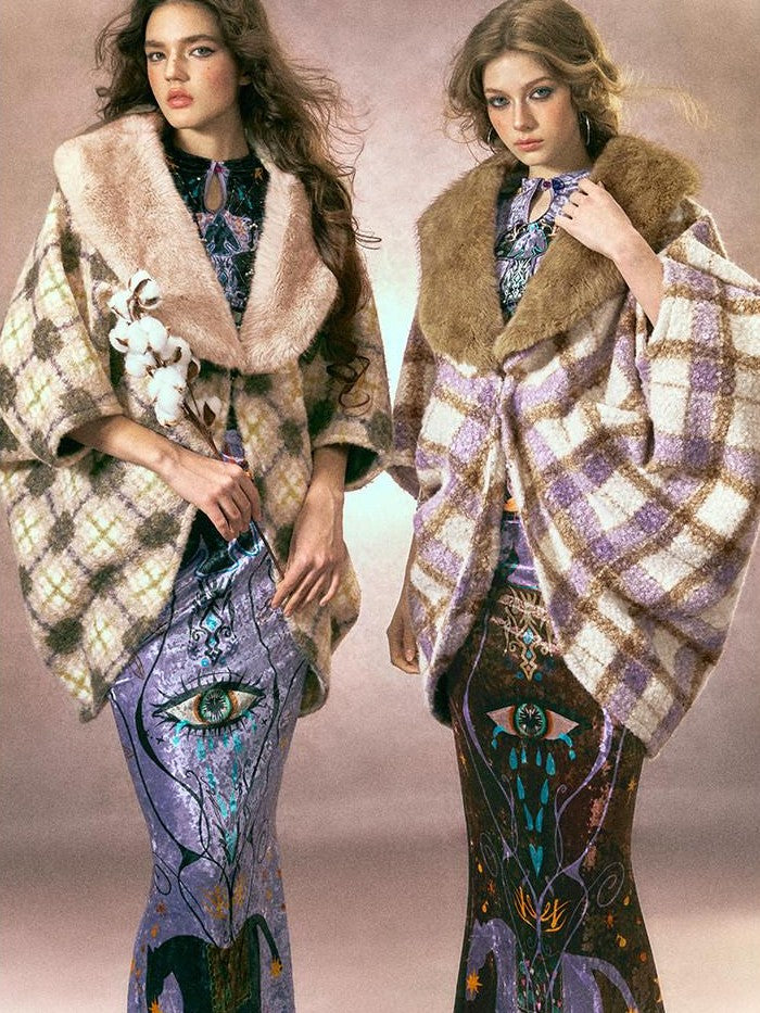 OfAkiva Plaid Faux Fur Trim V-neck Long Sleeve Women&