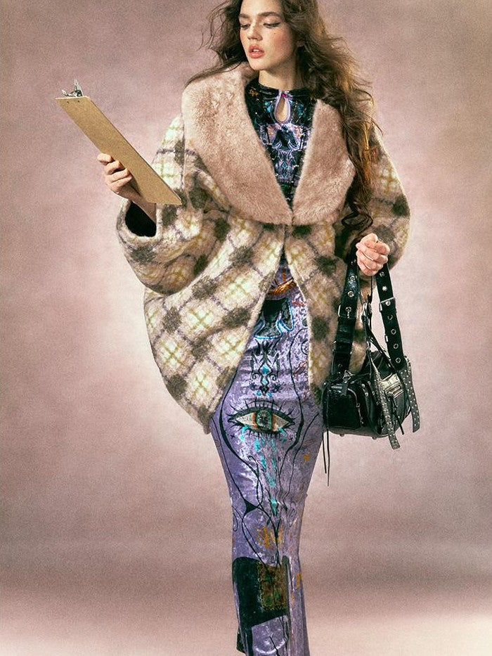 OfAkiva Plaid Faux Fur Trim V-neck Long Sleeve Women&