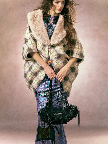OfAkiva Plaid Faux Fur Trim V-neck Long Sleeve Women&