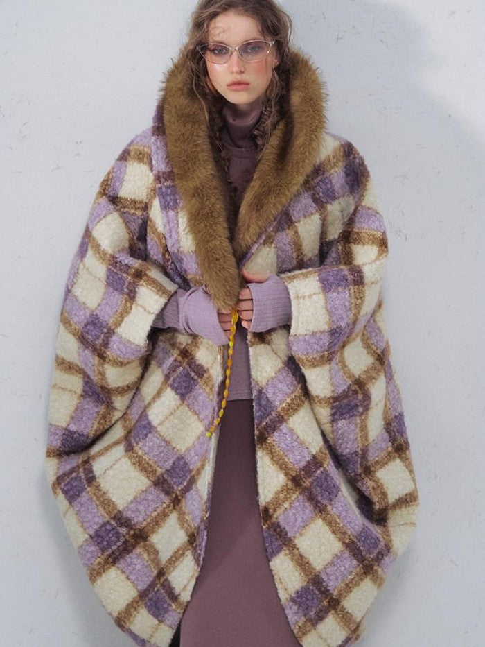 OfAkiva Plaid Faux Fur Trim V-neck Long Sleeve Women&