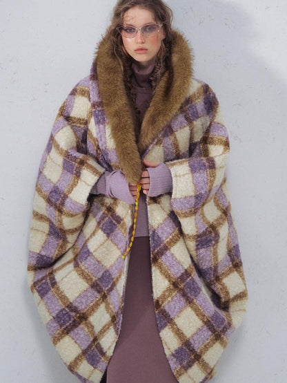 OfAkiva Plaid Faux Fur Trim V-neck Long Sleeve Women&