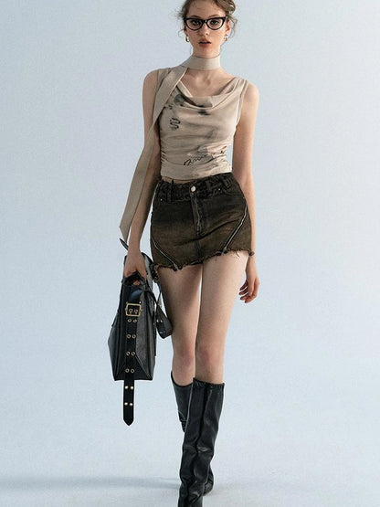 OfAkiva Pleated Drape Neck T-shirt In Khaki Print