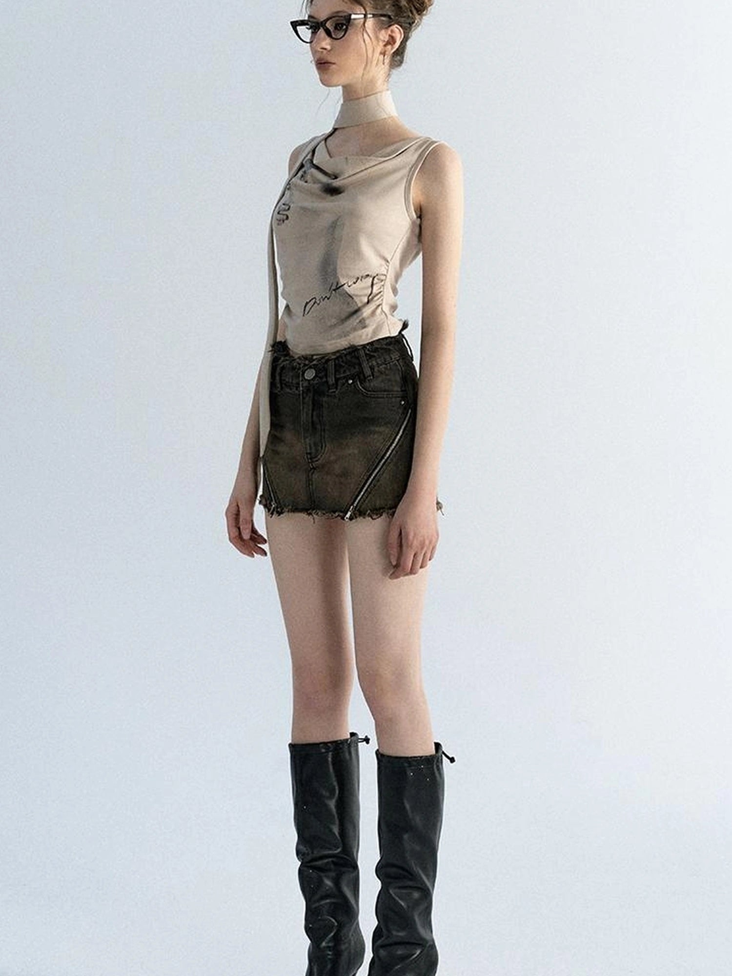 OfAkiva Pleated Drape Neck T-shirt In Khaki Print