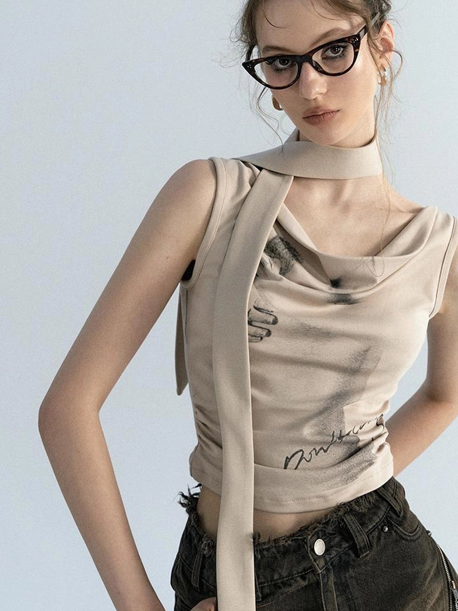 OfAkiva Pleated Drape Neck T-shirt In Khaki Print