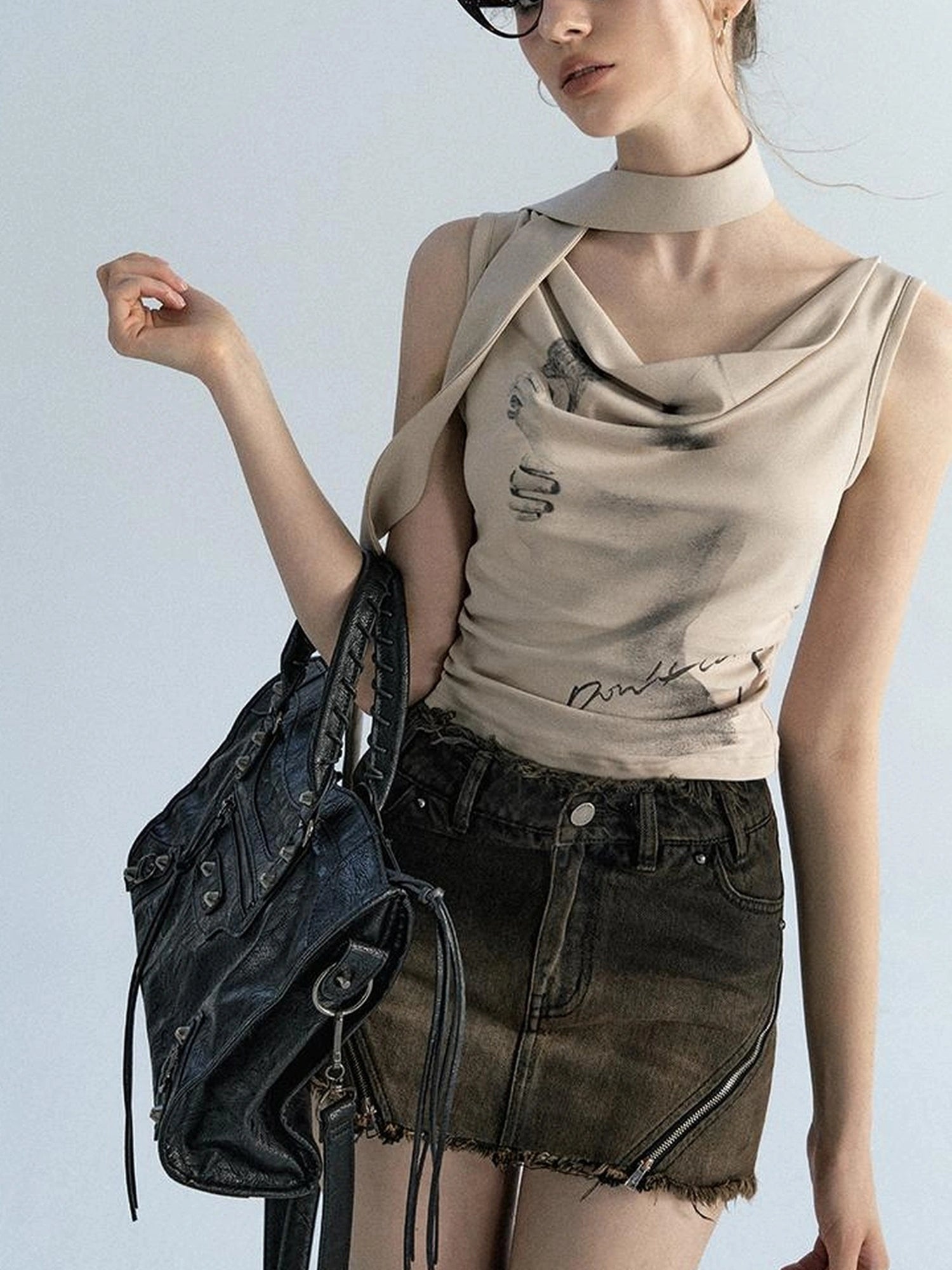 OfAkiva Pleated Drape Neck T-shirt In Khaki Print