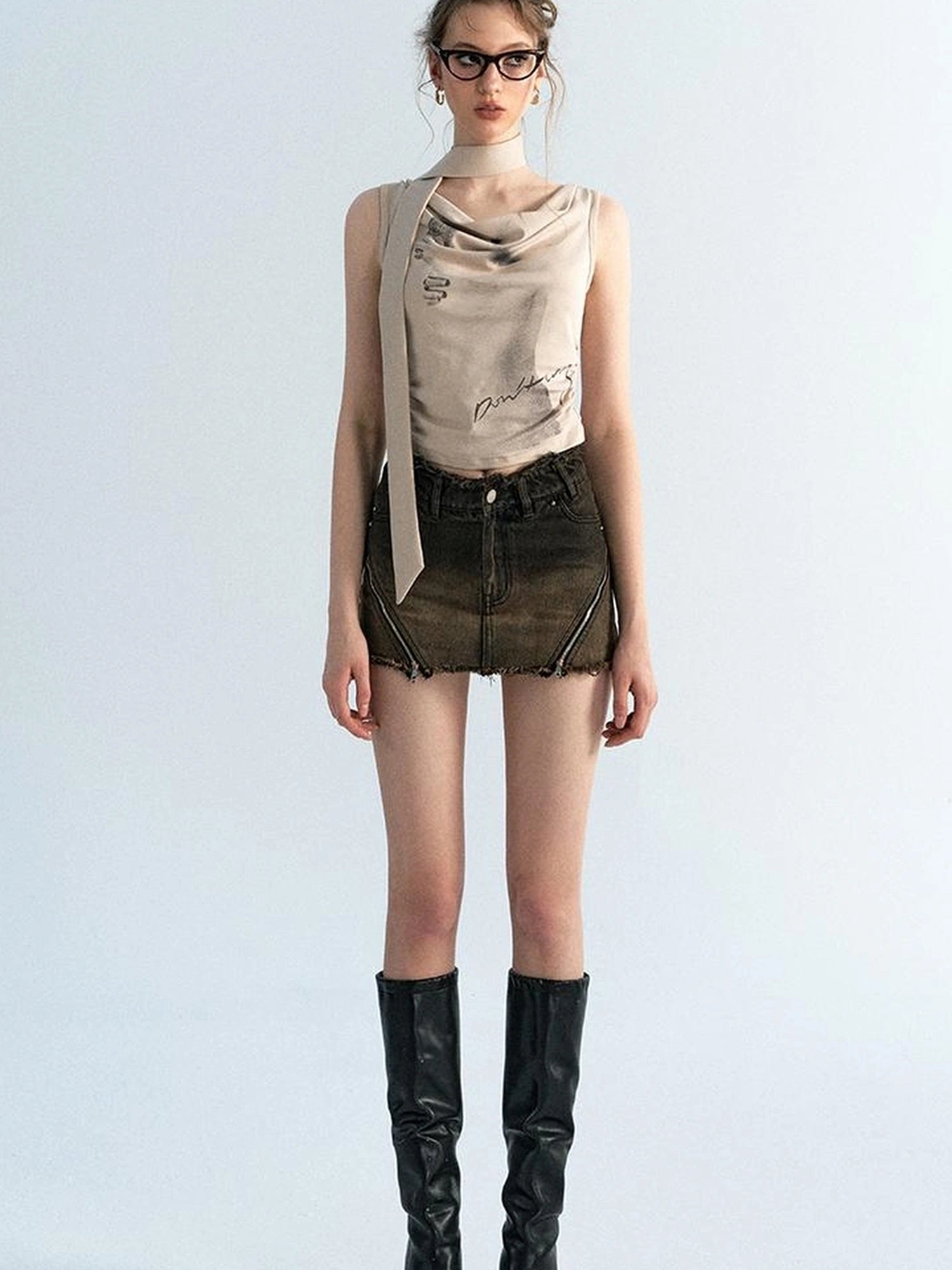 OfAkiva Pleated Drape Neck T-shirt In Khaki Print