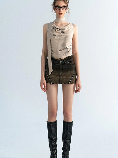 OfAkiva Pleated Drape Neck T-shirt In Khaki Print