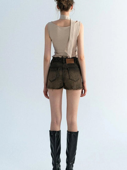 OfAkiva Pleated Drape Neck T-shirt In Khaki Print