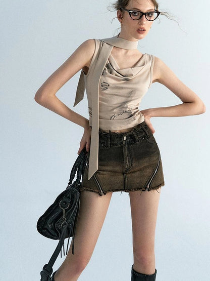 OfAkiva Pleated Drape Neck T-shirt In Khaki Print