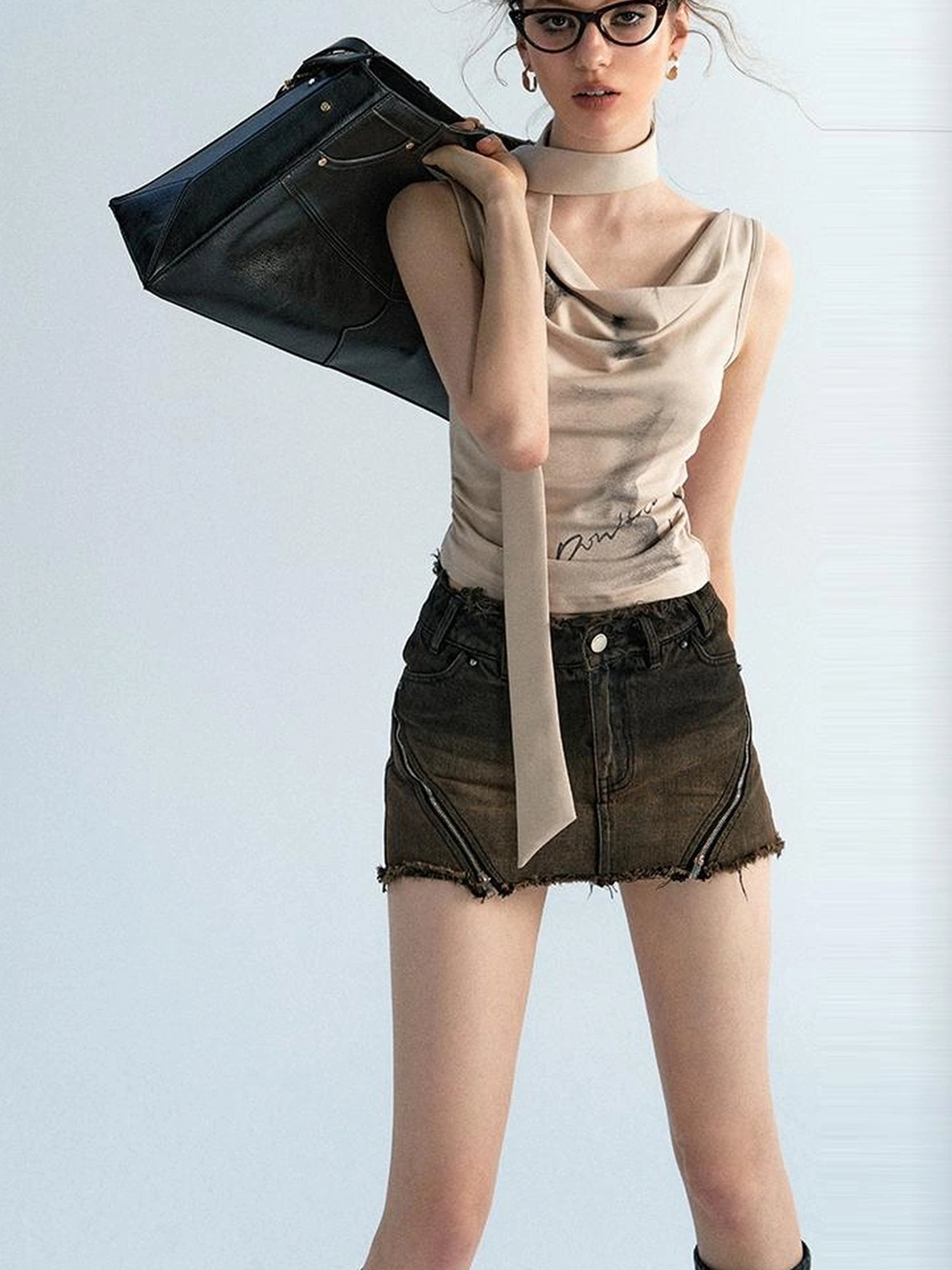 OfAkiva Pleated Drape Neck T-shirt In Khaki Print