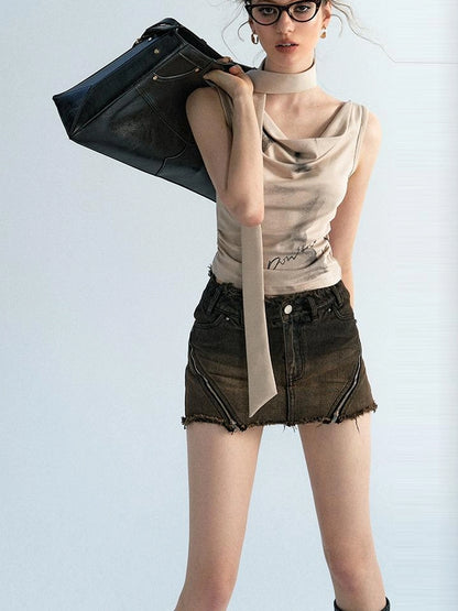 OfAkiva Pleated Drape Neck T-shirt In Khaki Print