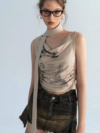 OfAkiva Pleated Drape Neck T-shirt In Khaki Print