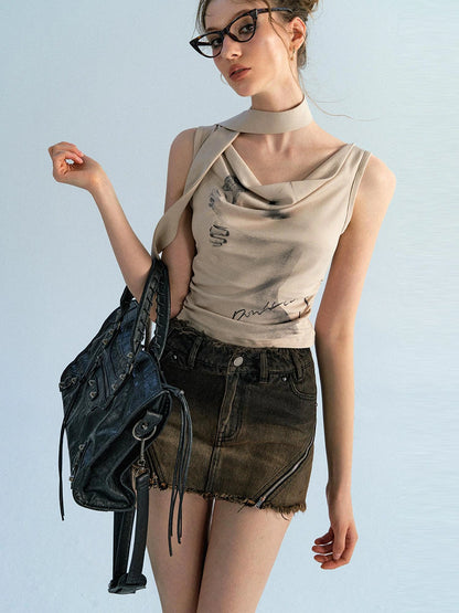 OfAkiva Pleated Drape Neck T-shirt In Khaki Print