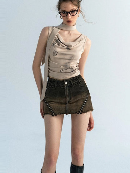 OfAkiva Pleated Drape Neck T-shirt In Khaki Print