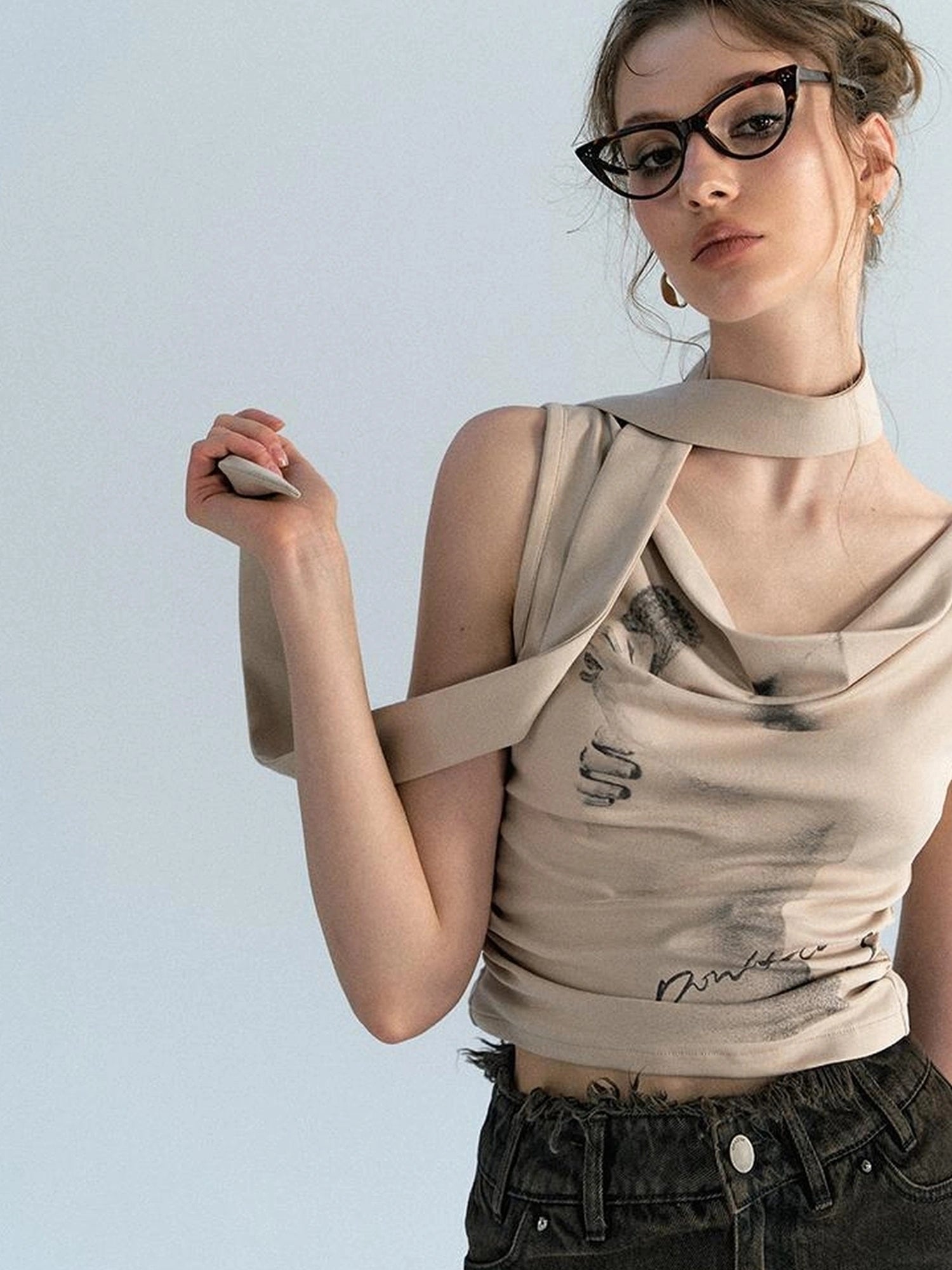 OfAkiva Pleated Drape Neck T-shirt In Khaki Print