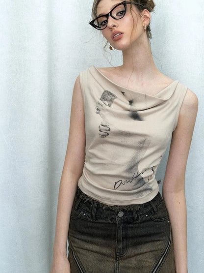 OfAkiva Pleated Drape Neck T-shirt In Khaki Print