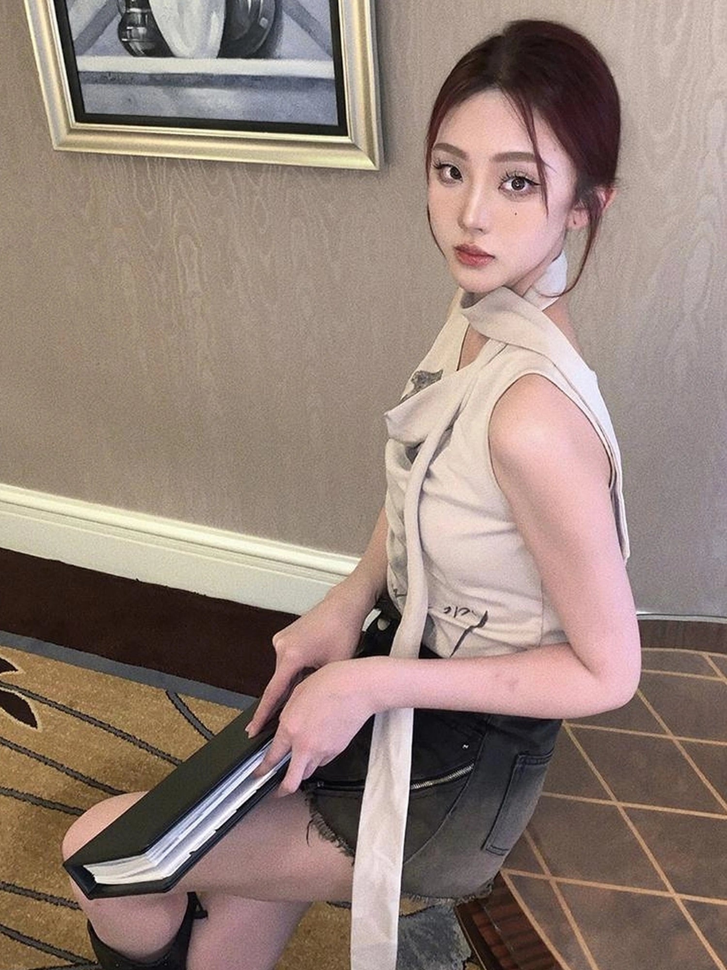 OfAkiva Pleated Drape Neck T-shirt In Khaki Print