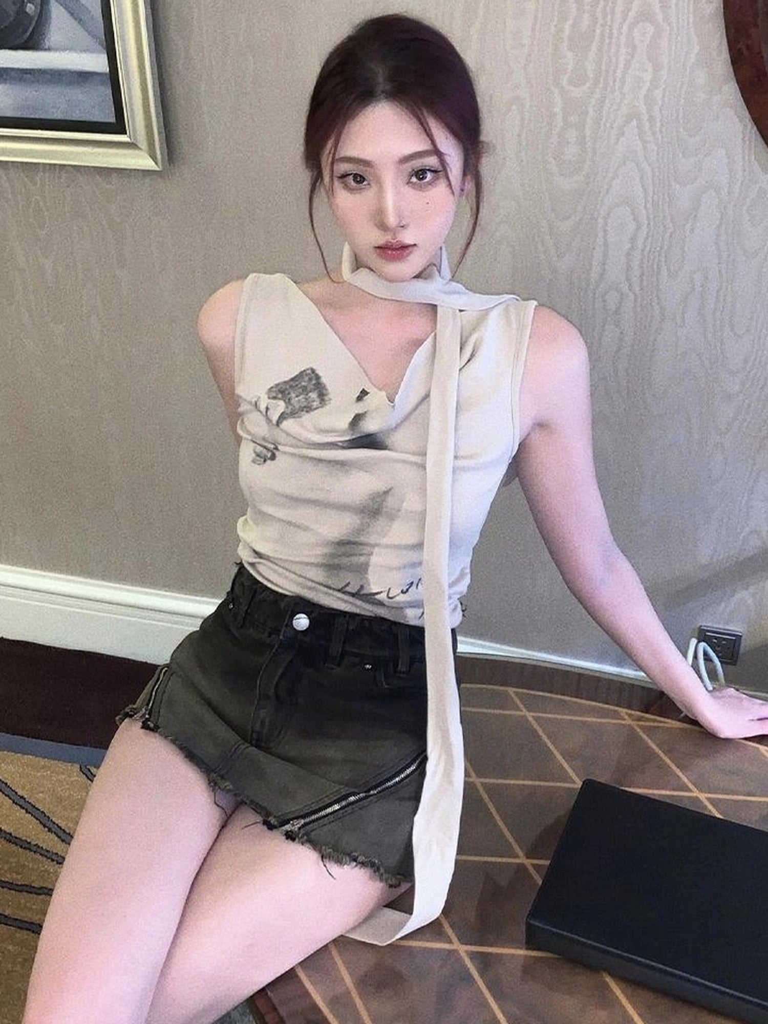 OfAkiva Pleated Drape Neck T-shirt In Khaki Print