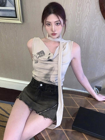 OfAkiva Pleated Drape Neck T-shirt In Khaki Print